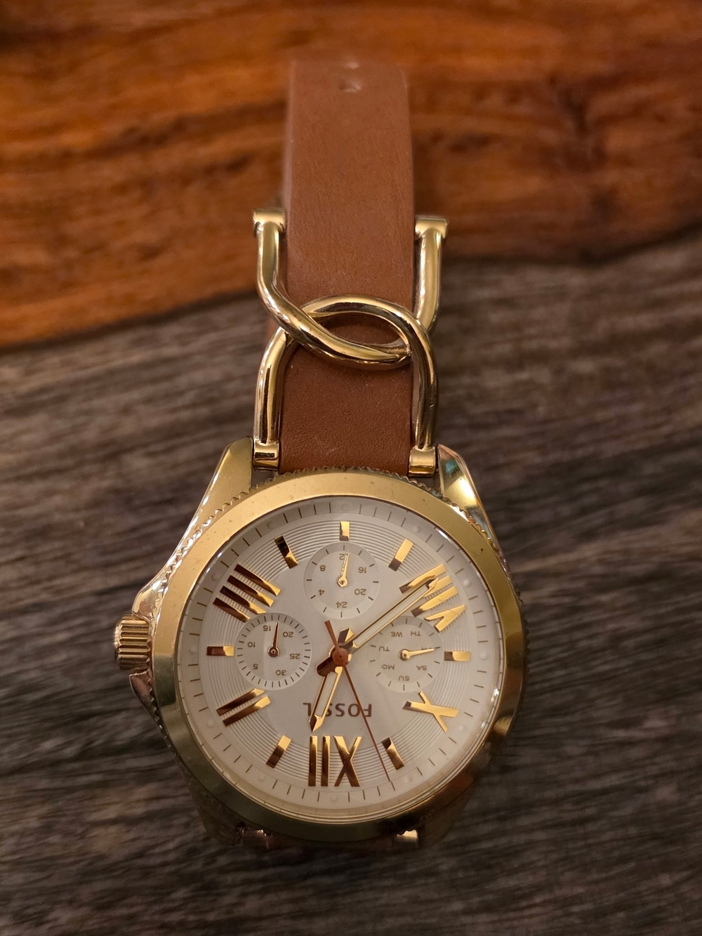 Fossil Gold-Tone Case Watch with Brown Leather Strap